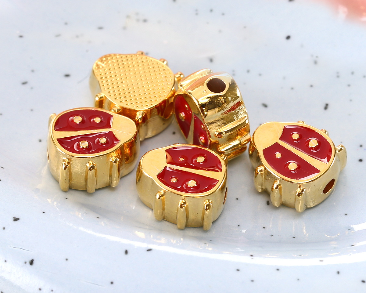 24K Gold (plated) Red Enamel Ladybug Bead 9.5mm