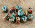 Nepalese Brass w/ Lapis, Turquoise & Coral Mosaic Eye Coin Bead 18x8mm