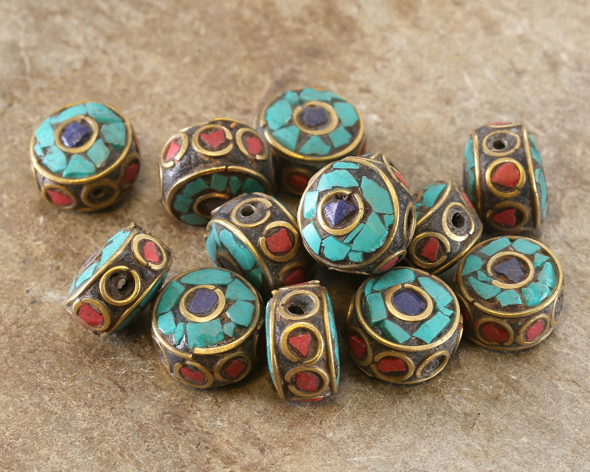 Nepalese Brass w/ Lapis, Turquoise & Coral Mosaic Eye Coin Bead 18x8mm