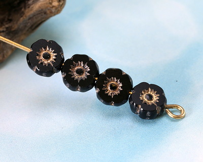 Czech Glass Jet w/ Gold Hibiscus 7mm