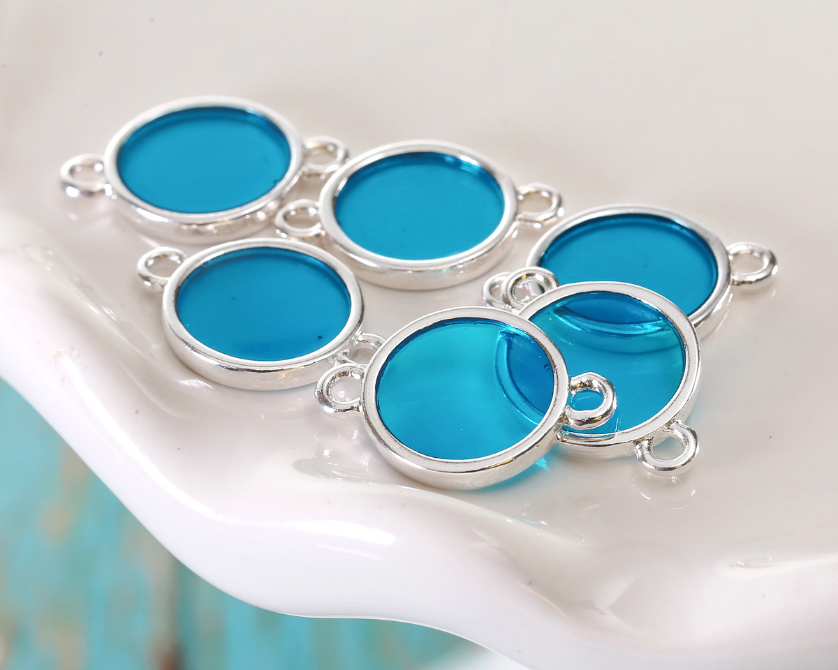 Silver (plated) Transparent Turquoise Resin Round Focal Link 12x17mm