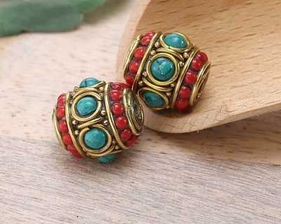 Nepalese Brass Turquoise, & Small Coral Dots Large Barrel Bead 16x15mm