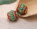 Nepalese Brass Turquoise, & Small Coral Dots Large Barrel Bead 16x15mm