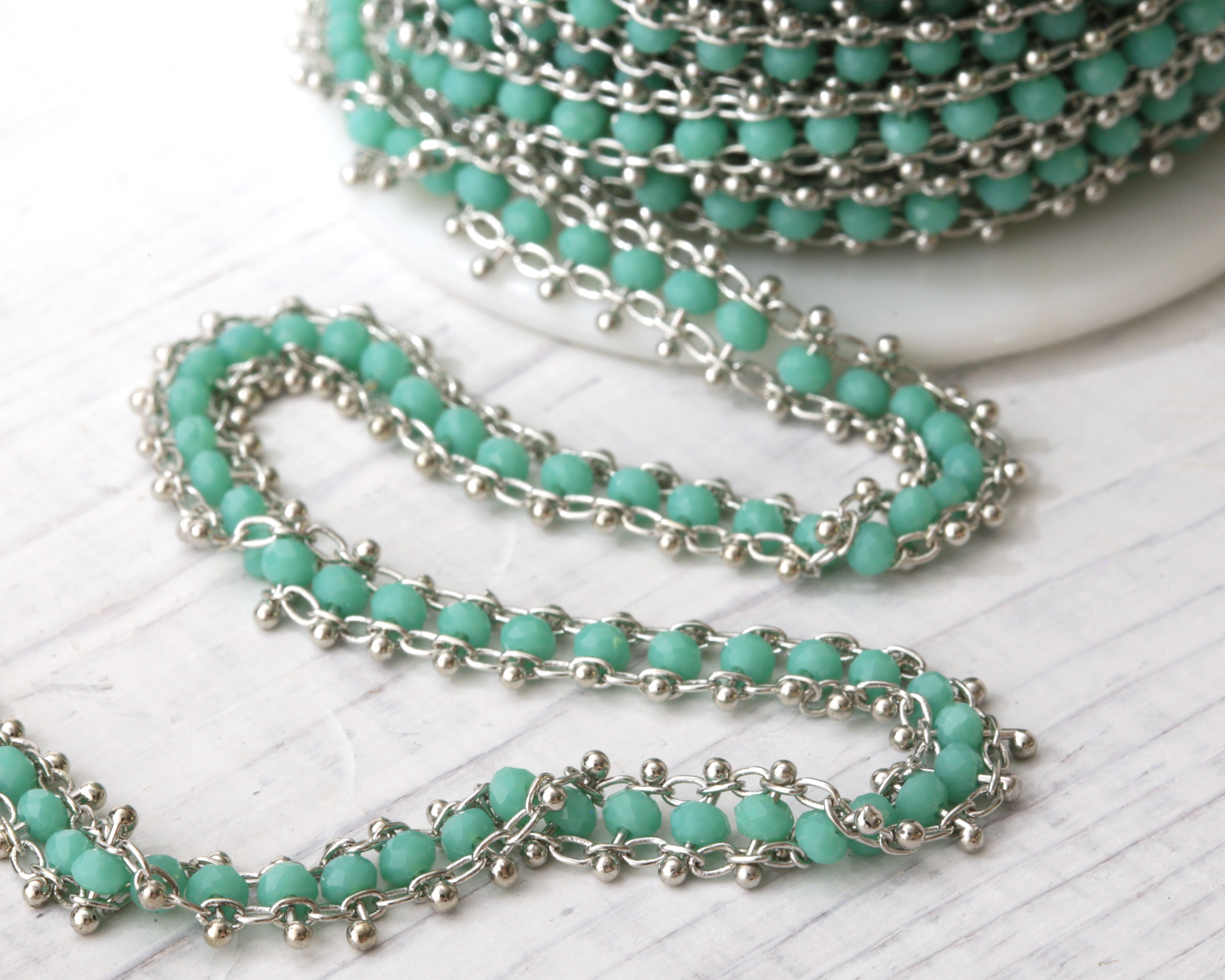 Zola Elements Turquoise Crystal Beaded Ribbon Imitation Rhodium