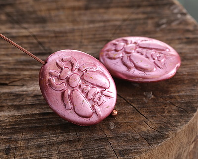 Czech Glass Metallic Pink on Yellow Bee Oval 22x18mm