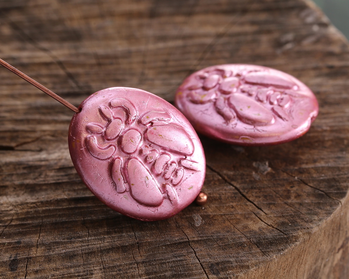 Czech Glass Metallic Pink on Yellow Bee Oval 22x18mm