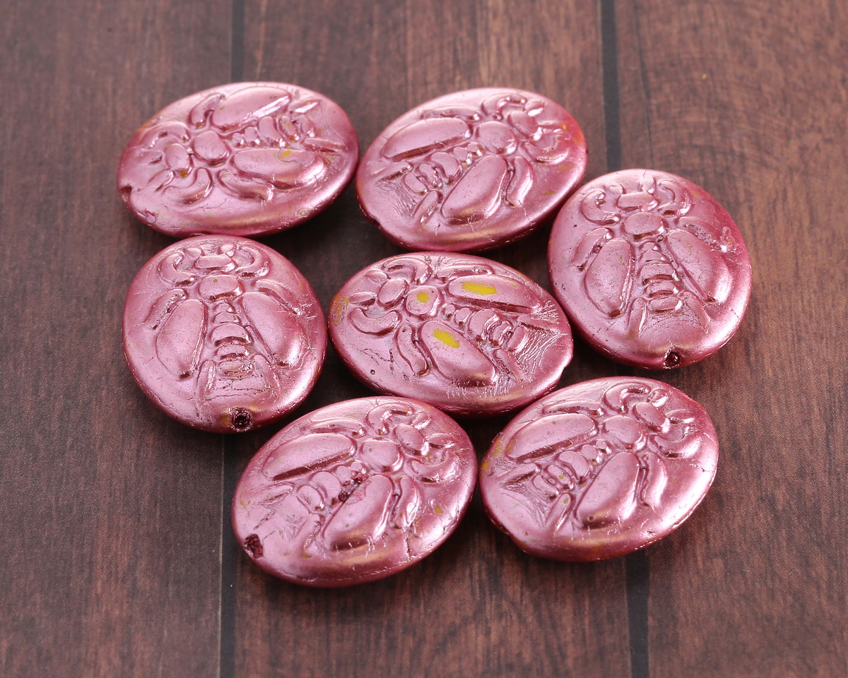 Czech Glass Metallic Pink on Yellow Bee Oval 22x18mm