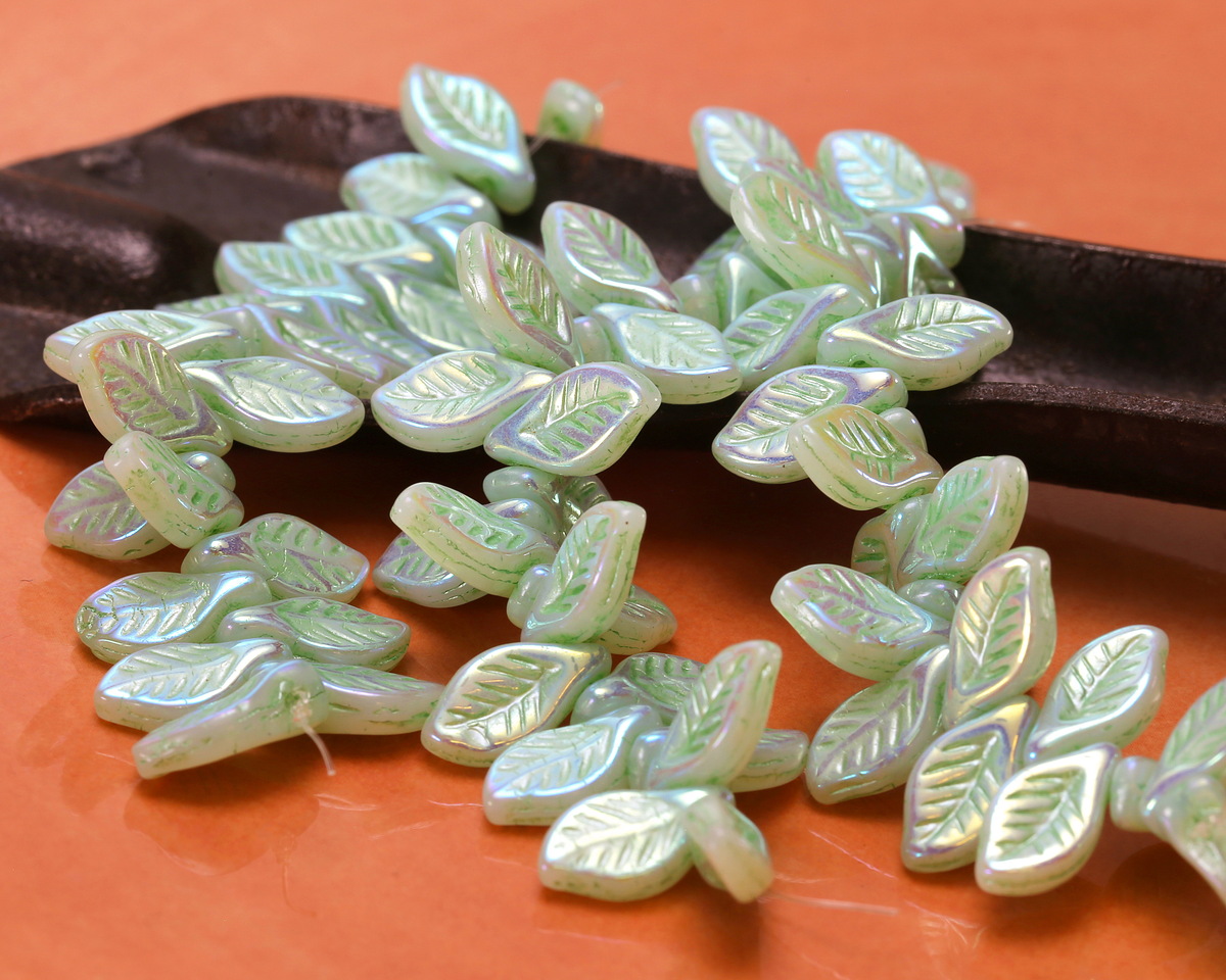 Czech Glass Sage AB Lustered Leaf Drop 6x12mm