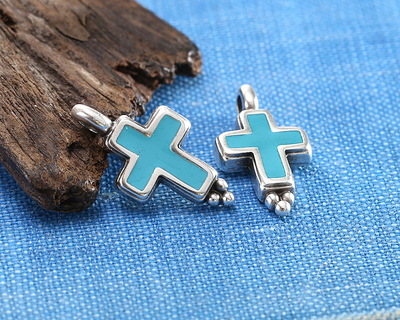 Antique Silver (plated) Turquoise Enamel Cross Focal 9x17mm