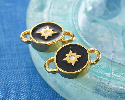 24K Gold (plated) Jet & White Enamel North Star Round Focal Link 16x10mm
