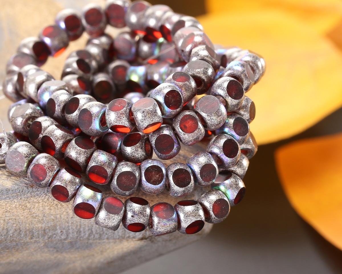 Czech Glass Ruby Red w/ Antique Silver AB Trica Beads 4x5mm