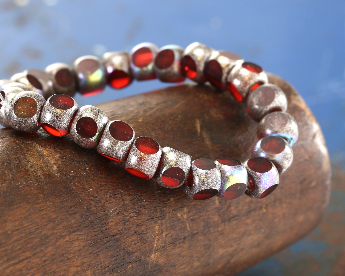 Czech Glass Ruby Red w/ Antique Silver AB Trica Beads 4x5mm