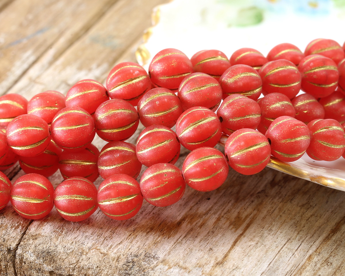 Czech Glass Matte Ruby w/ Gold Melon Round 8mm