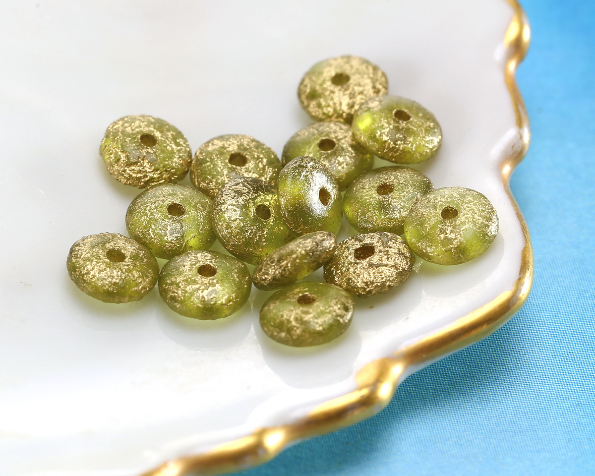 Czech Glass Textured Peridot w/ Gold Spacer 2x6mm