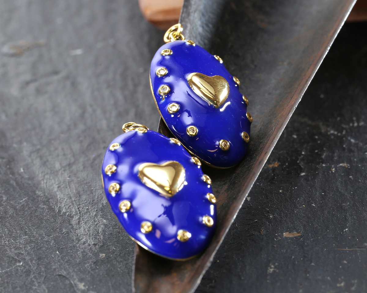 18k Gold (plated) Blue Enamel Oval w/ Heart & Crystals Focal 21x37mm
