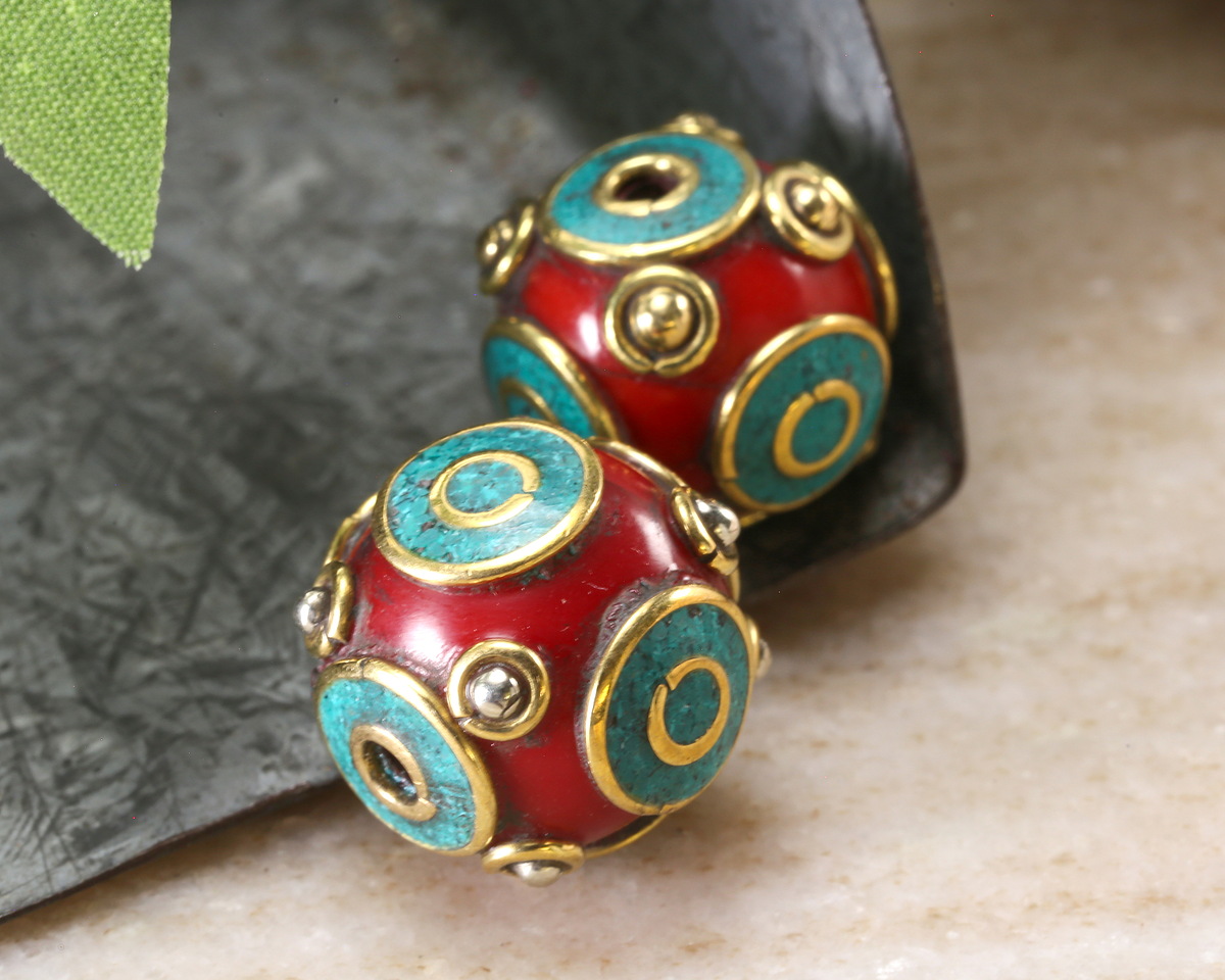 Nepalese Brass Rings w/ Resin Coral & Turquoise Round Bead 15-16mm