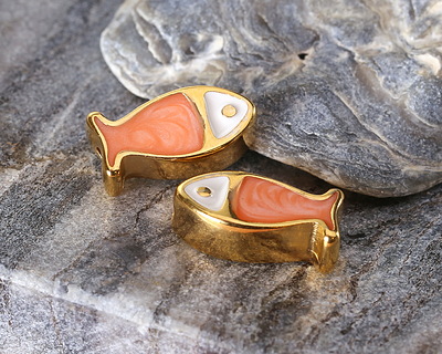24K Gold (plated) White & Pearl Pearl Enamel Fish Bead 15x7mm