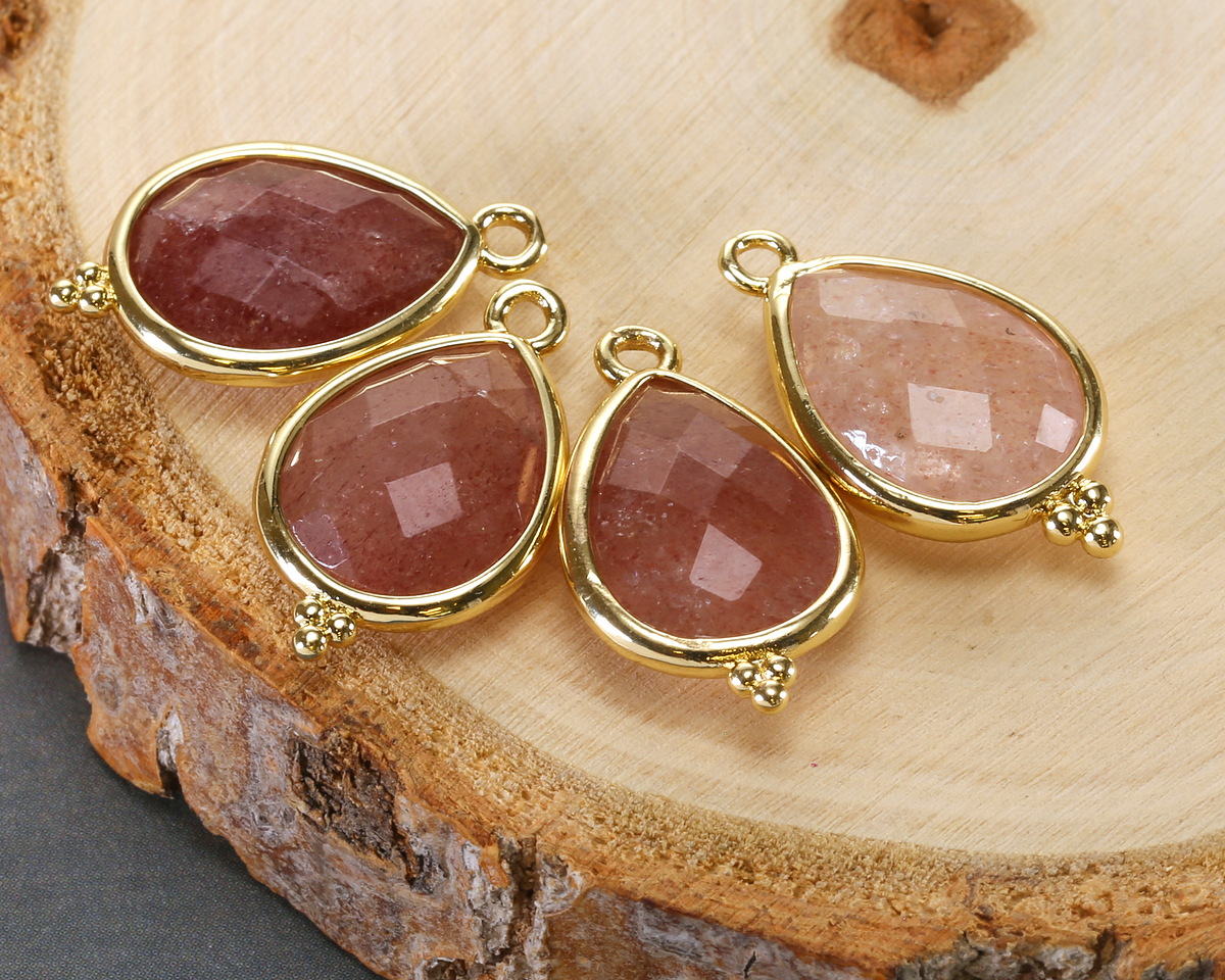 Strawberry Quartz w/ Gold Finish Faceted Teardrop Focal 12x21mm