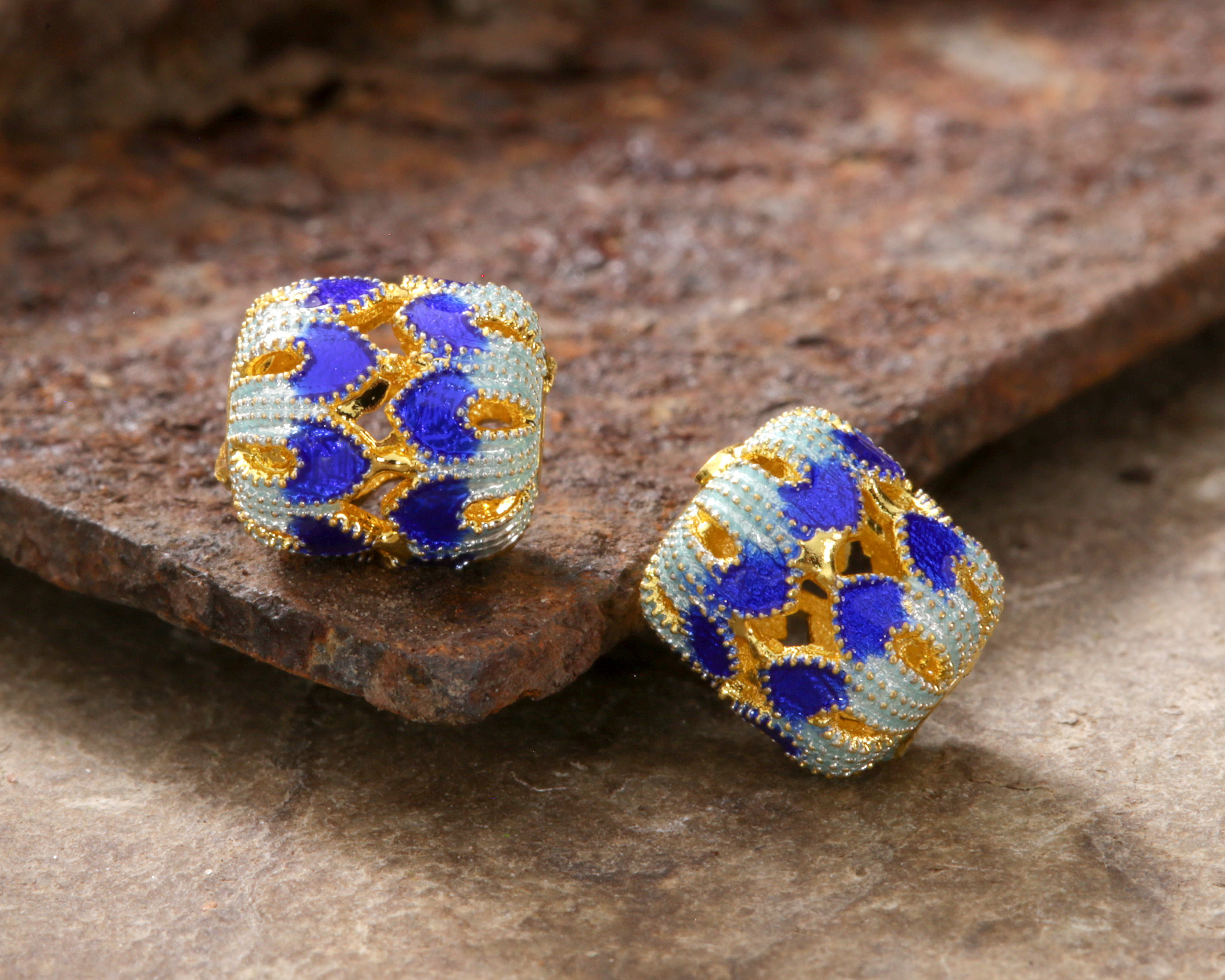 Cloisonné Blue & Seafoam w/ Gold Finish Openwork Petals Barrel Bead 8x7.5mm