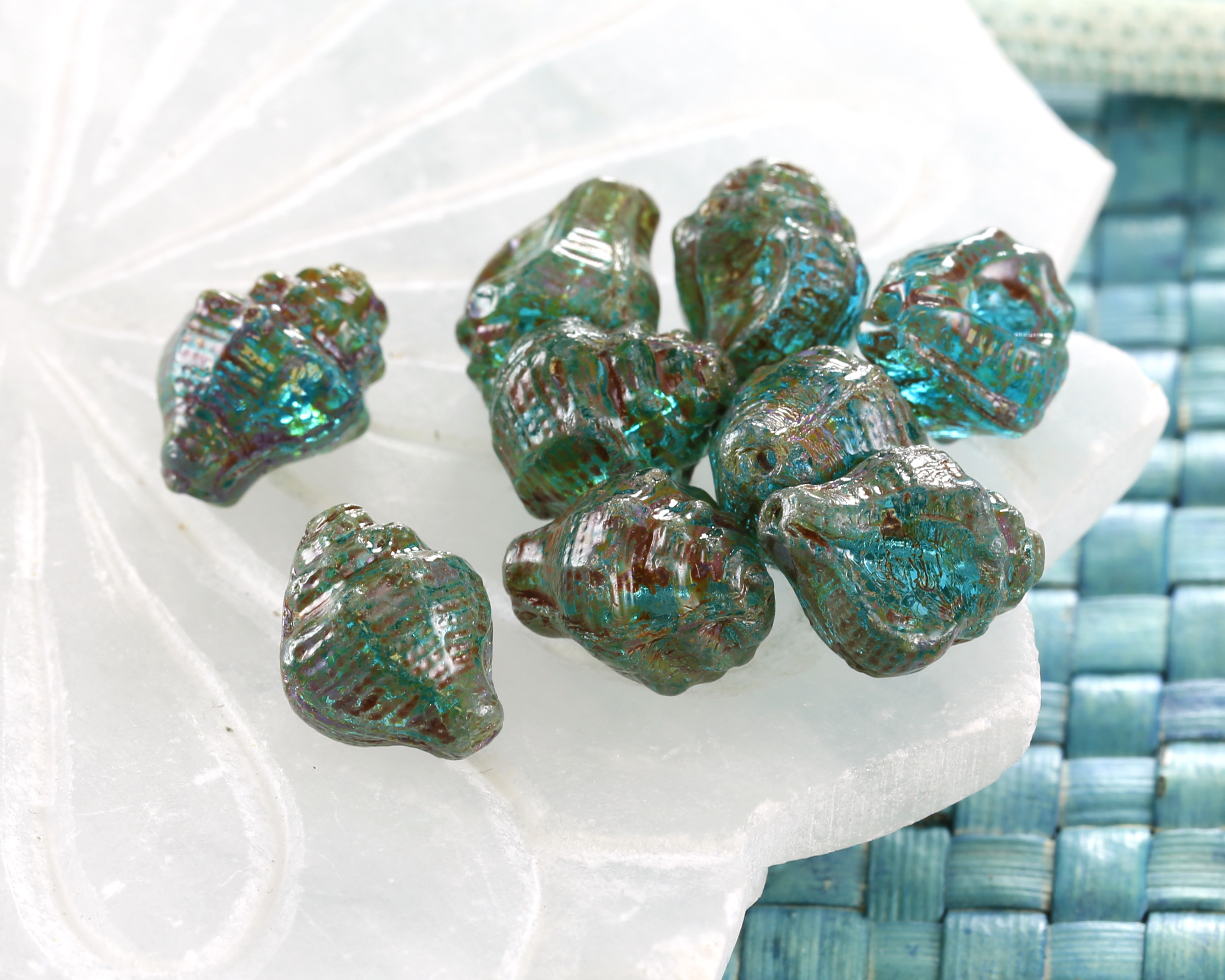 Czech Glass Aquamarine Picasso Murex Shell 15x12mm