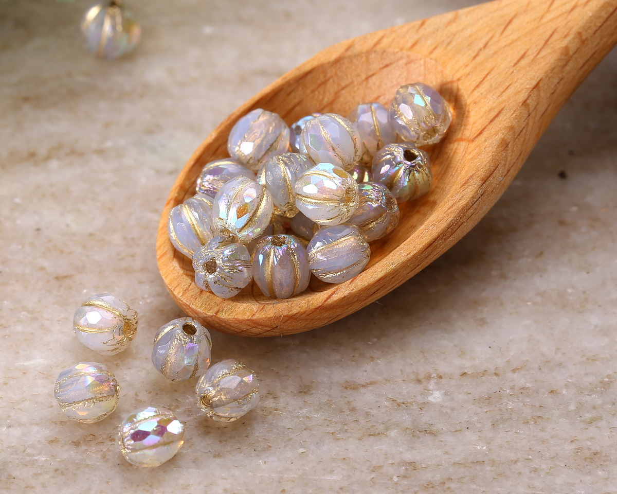 Czech Glass White Opal AB w/ Gold Faceted Melon 6mm