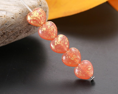 Czech Glass Pink Grapefruit Opal w/ Gold Wash Heart 8mm