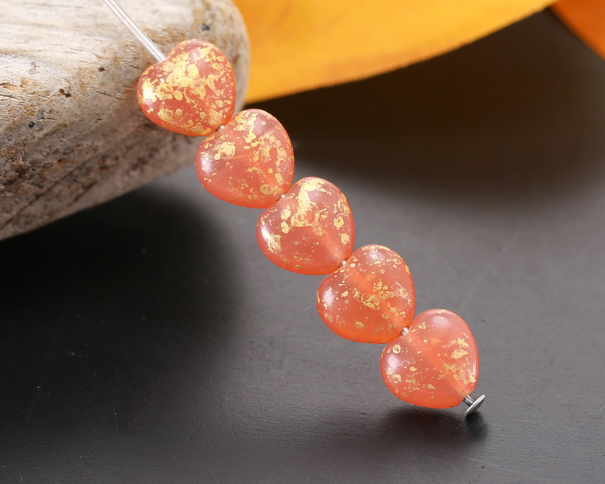 Czech Glass Pink Grapefruit Opal w/ Gold Wash Heart 8mm