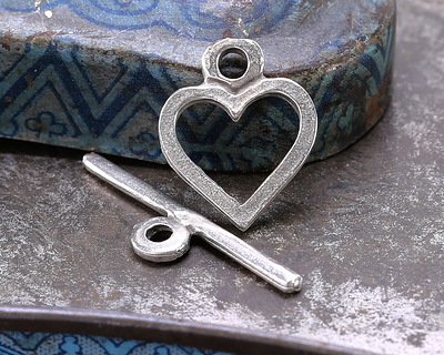 Mykonos Antique Silver (plated) Heart Toggle Clasp 14x17mm, 27mm Bar