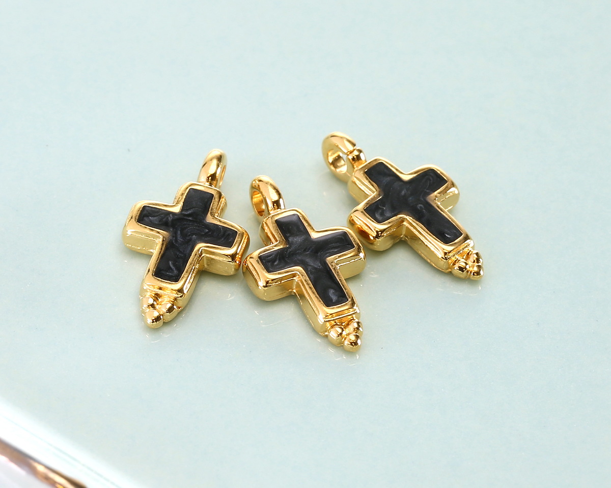 24K Gold (plated) Charcoal Pearl Enamel Cross Focal 9x17mm
