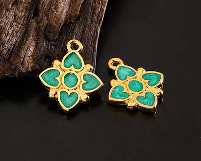 24K Gold (plated) Emerald Pearl Enamel Quatrefoil Focal 15x18mm