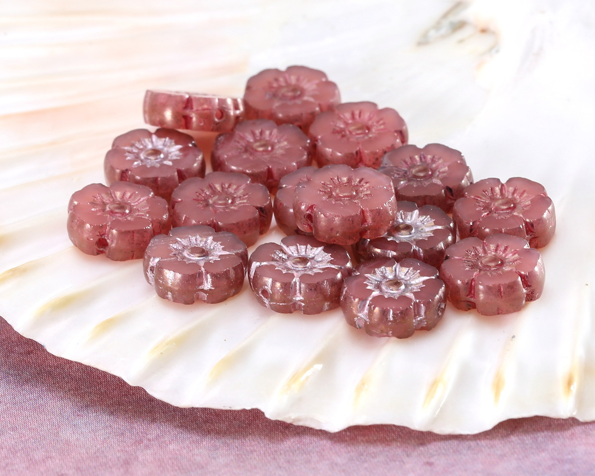 Czech Glass Rose Pink Opal w/ Pink Wash & Silver Luster Hibiscus Coin 9mm