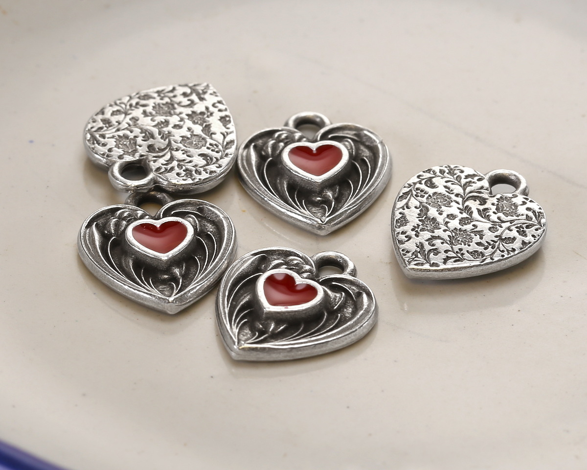 TierraCast Antique Silver (plated) Red Enamel Heart in Heart Shaped Focal 12.5x14mm