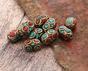 Nepalese Brass w/ Coral & Turquoise Mosaic in Rings Rice Bead 12x8mm