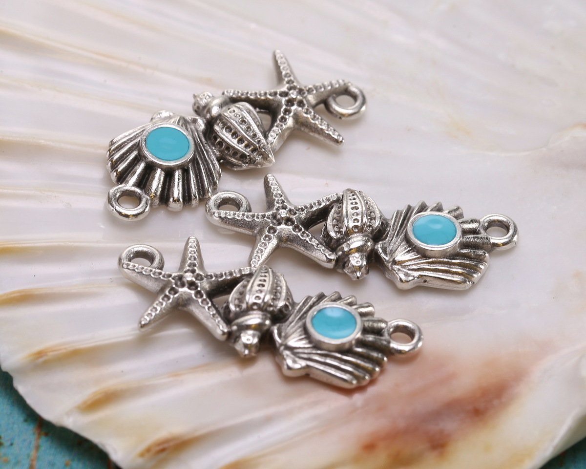 Antique Silver (plated) Aqua Enamel Sea Elements Focal Link 26x11mm