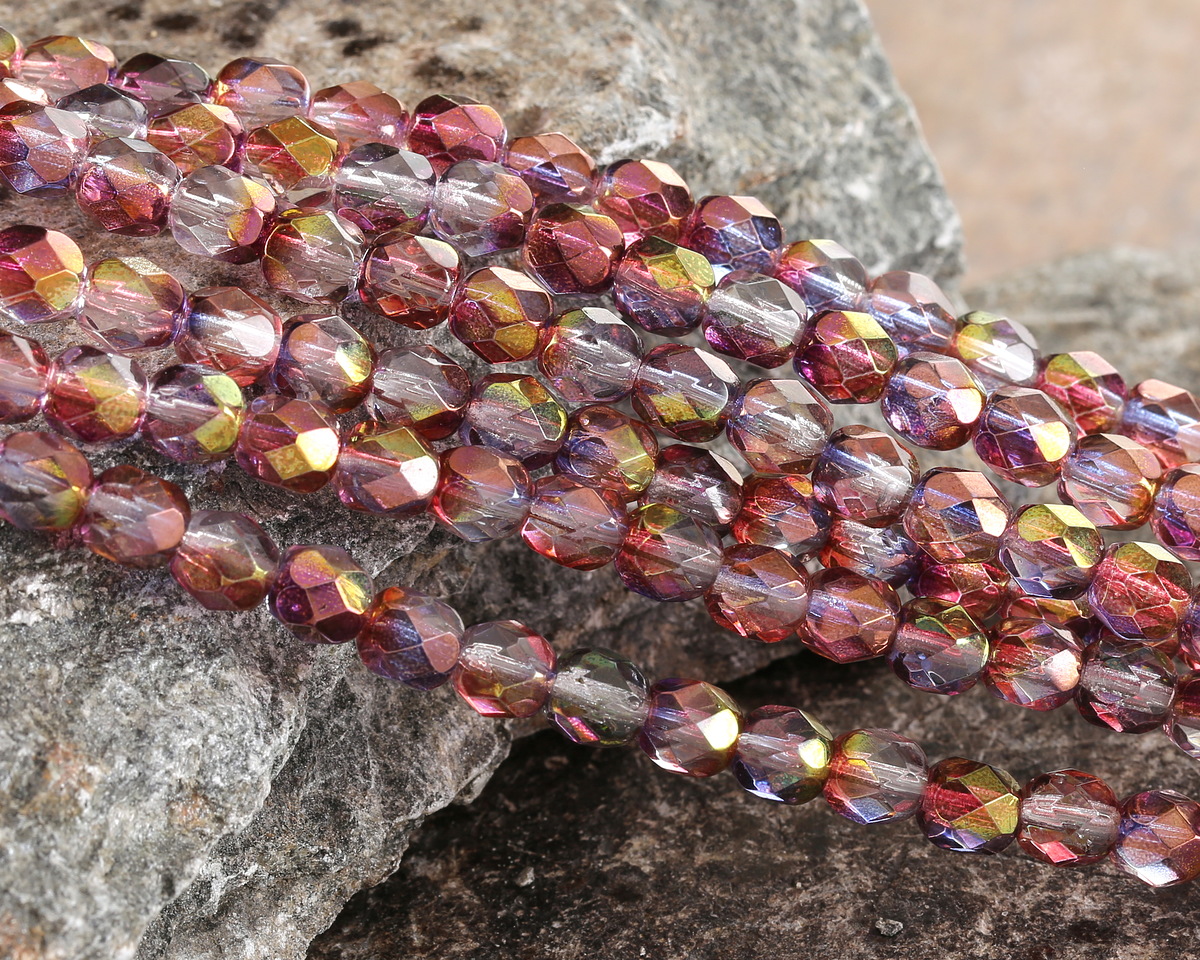 Czech Glass Crystal w/ Metallic Lilac Sunset Luster Fire Polished Round 6mm