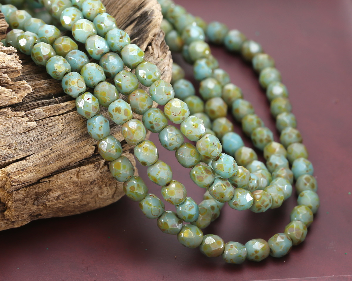 Czech Glass Blue Turquoise Picasso Fire Polished Round 4mm