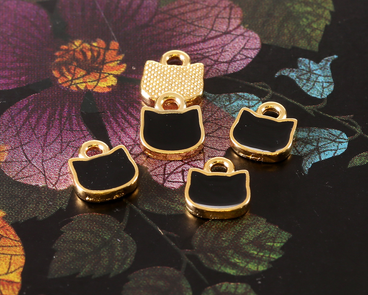 24K Gold (plated) Black Enamel Cat Head Focal 8x9mm