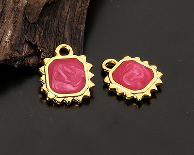 24K Gold (plated) Magenta Pearl Enamel Square Sun Focal 10.5x12.5mm
