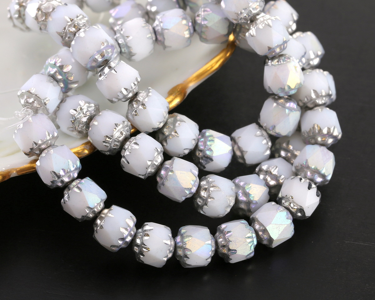Czech Glass White AB w/ Silver Lantern 6mm