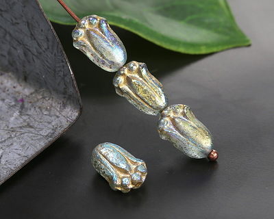 Czech Glass Textured Aquamarine AB w/ Gold Wash Tulip 12x8mm