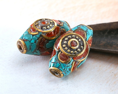 Nepalese Brass Rice Bead w/ Coral & Turquoise Mosaic 25x14mm