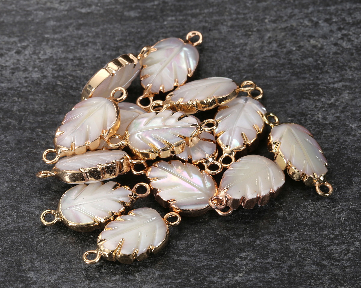 Mother of Pearl Carved Leaf Focal Link w/ Gold Finish 19x9mm