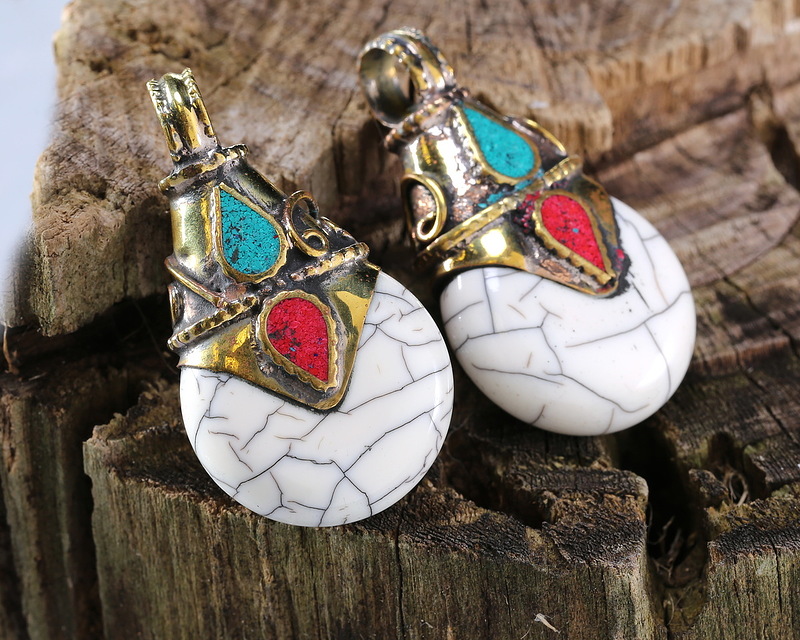 Nepalese White Shell & Brass Drop Scroll Pendant w/ Turquoise & Coral ...