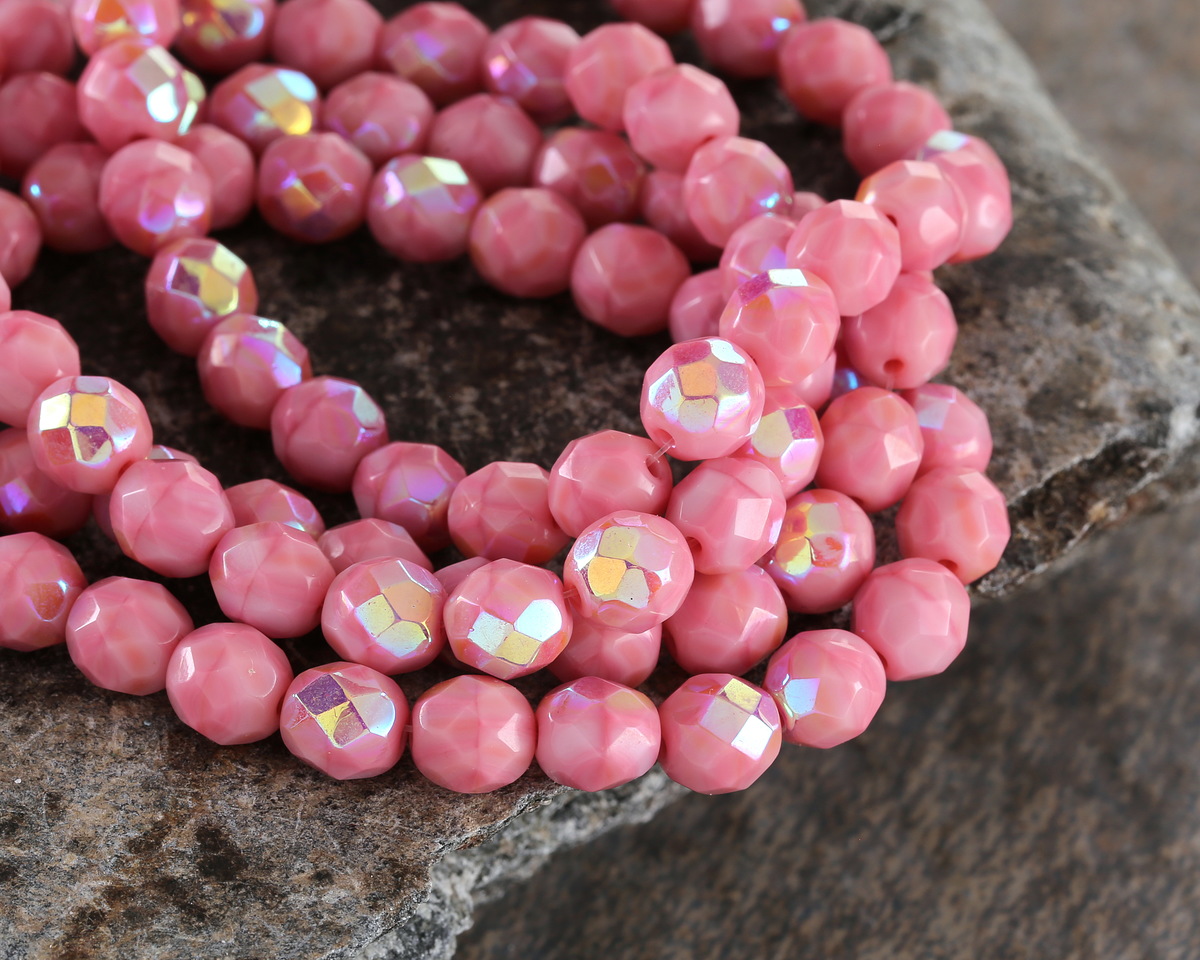 Czech Glass Desert Rose w/ AB Fire Polished Round 8mm