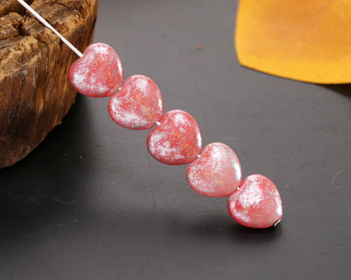 Czech Glass Desert Rose Opal w/ Silver Wash Heart 8mm