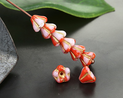 Czech Glass Red & White Mix w/ Gold Bellflower 5x6mm