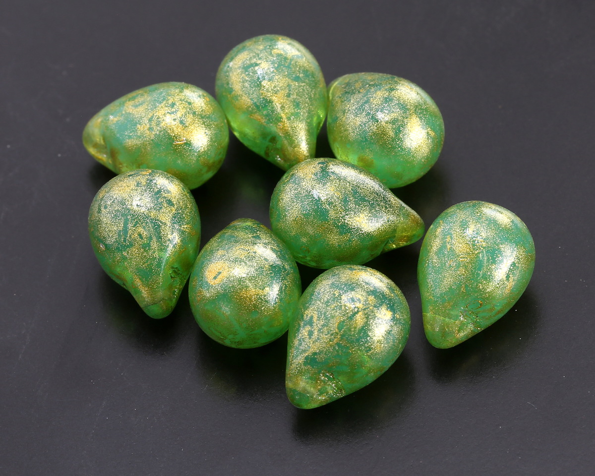 Czech Glass Green Opal w/ Gold Teardrop 10x14mm