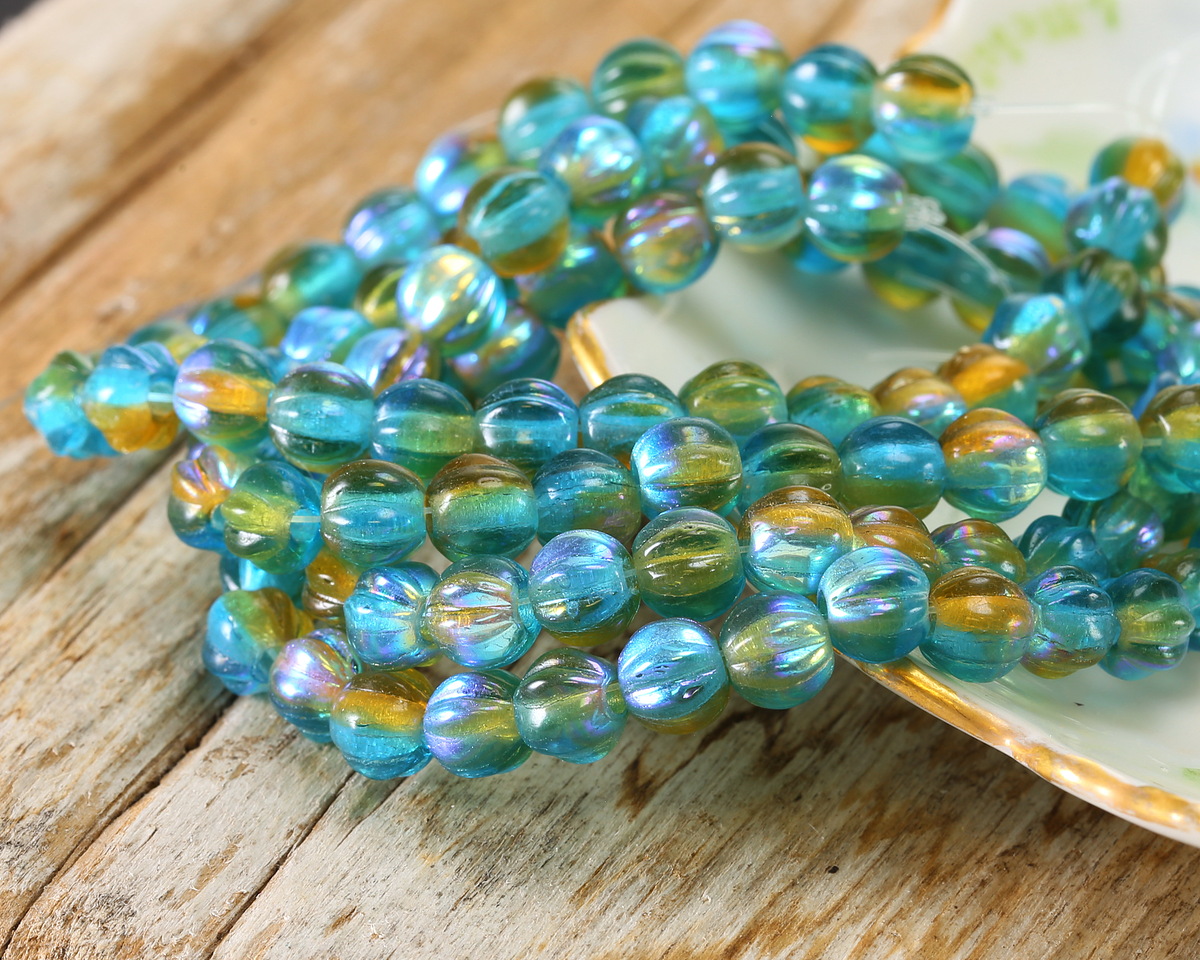 Czech Glass Seaweed AB Large Hole Melon Round 6mm