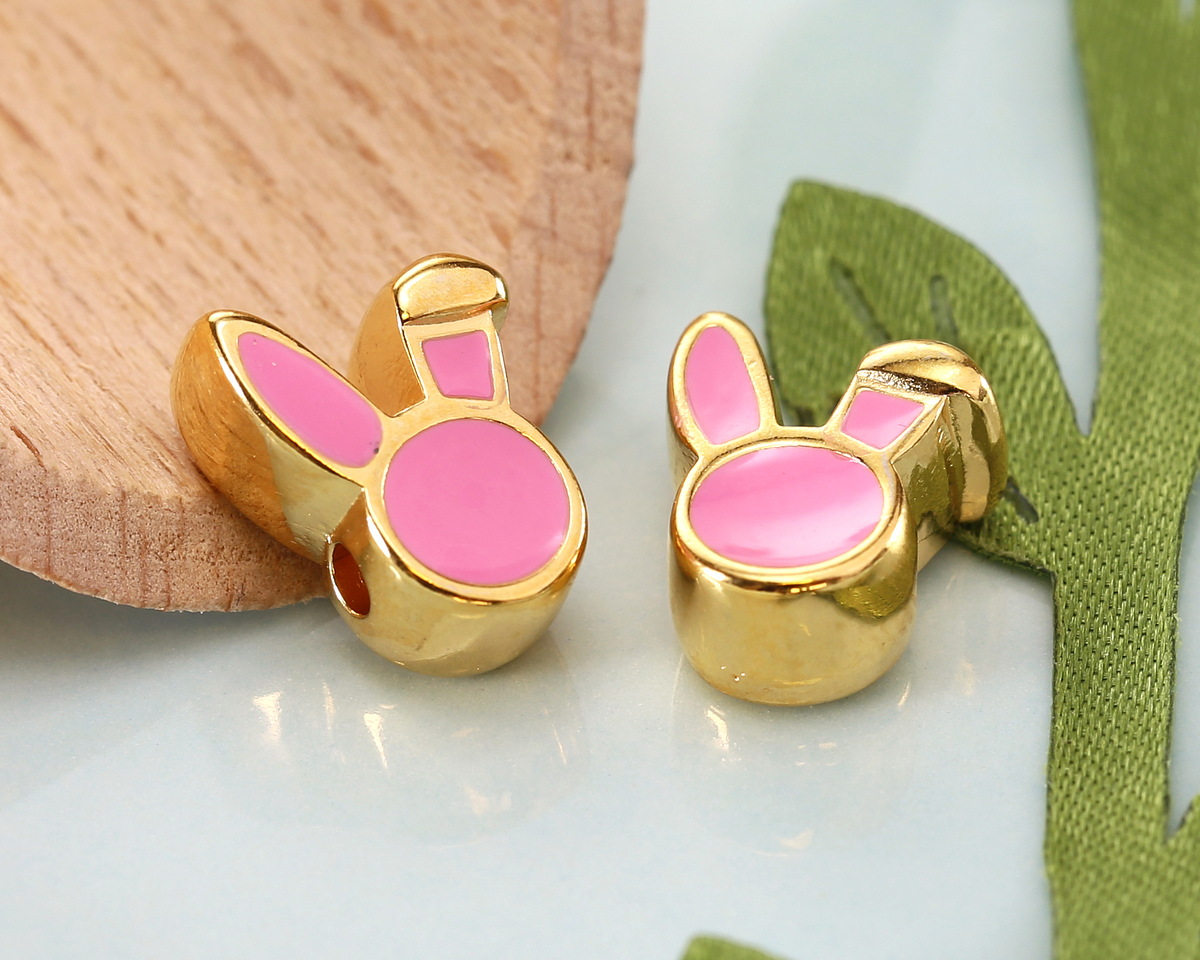 24K Gold (plated) Pink Enamel Cute Bunny Head Bead 9x12mm
