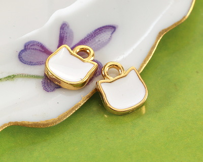 24K Gold (plated) White Enamel Cat Head Focal 8x9mm